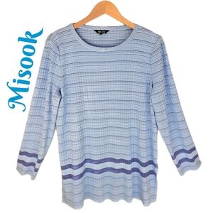 Misook Womens Sheer Stripe Tunic Top Sz L Blue Knit Sweater Long Sleeve